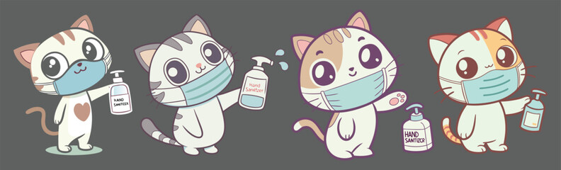 Cute masked cats holding hand sanitizers, a carton cat animal using mask for health safety. 