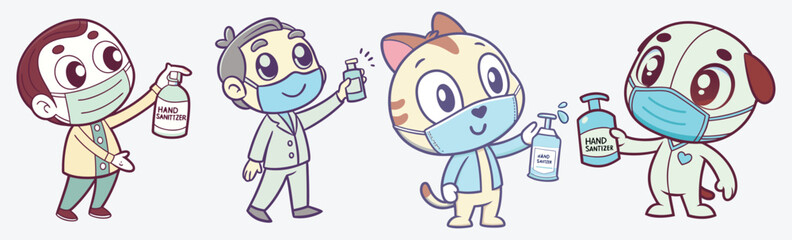 Adorable cartoon characters with masks and sanitizers promoting hygiene and safety
