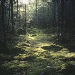 Obraz premium The gentle forest light in this photo illuminates the moss-covered ground, casting long, serene shadows 