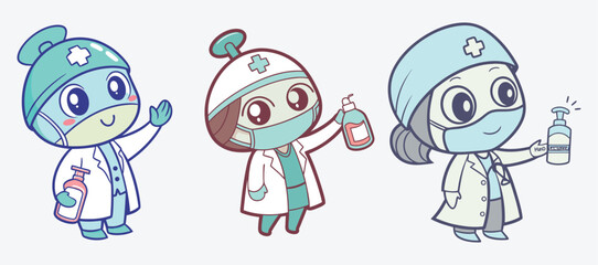 Cute cartoon doctor characters promoting hygiene and healthcare and using mask simple flat design vector.
