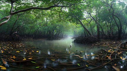 panoramic view of a mangrove-covered riverbank, lush green canopy above, fallen leaves and twigs forming patterns on the ground, tranquil estuary flowing nearby