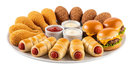 Delicious party food platter featuring crispy fried chicken sliders and Brazilian-style sausage rolls (enroladinho de salsicha), perfect for celebrations and events, photographed on a clean white