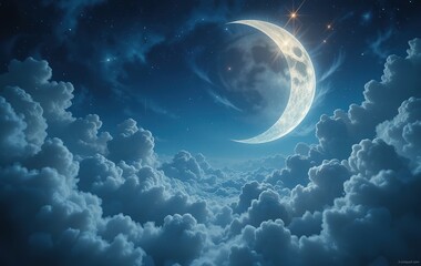 Obraz premium Dreamy Crescent Moon and Glowing Star Night Sky