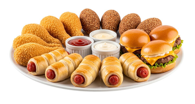 Delicious party food platter featuring crispy fried chicken sliders and Brazilian-style sausage rolls (enroladinho de salsicha), perfect for celebrations and events, photographed on a clean white