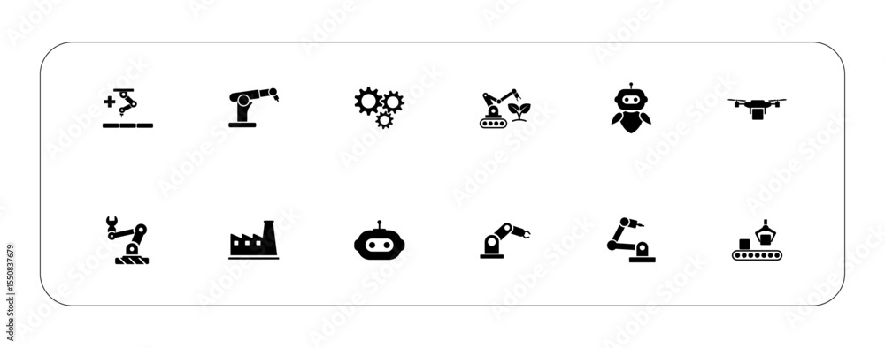 Poster solid vector icon set containing robot arm, artificial intelligence, automation, industry.