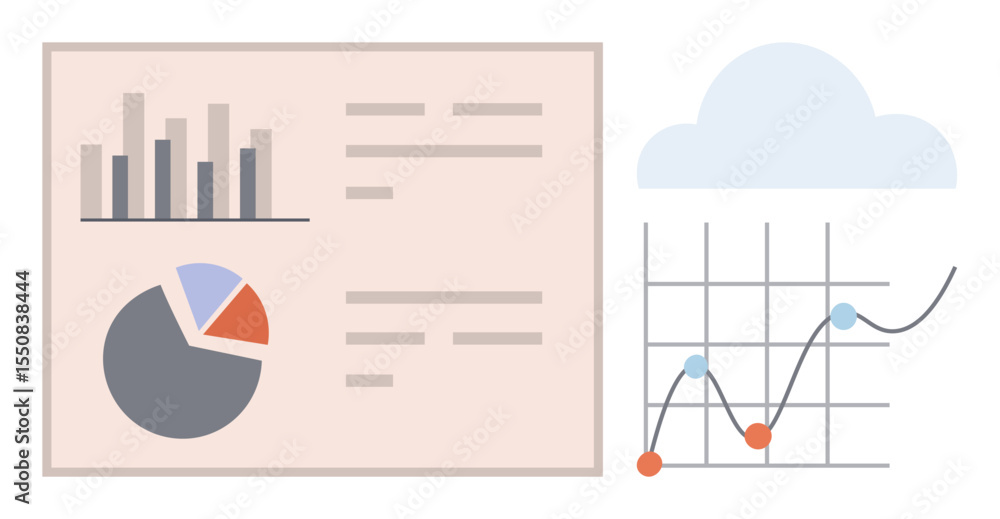 Aufkleber bar graph, pie chart, line graph overlaid with a cloud. ideal for data science, business analysis, f