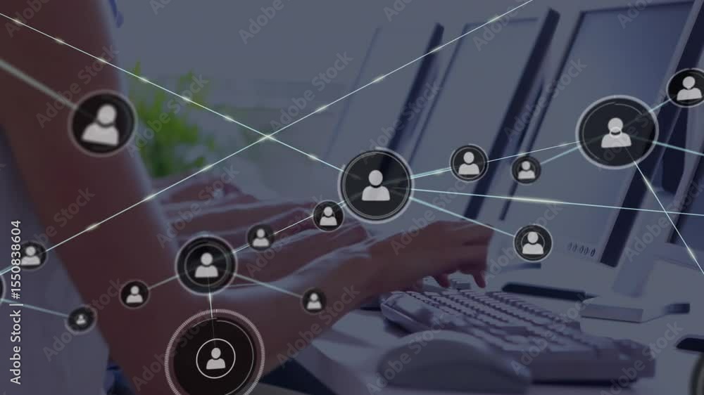 Poster typing hands pressing keyboard initiating user icon emerging linked nodes expanding network overlay