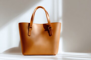 Stylish leather handbag mockup on a white background with soft natural lighting