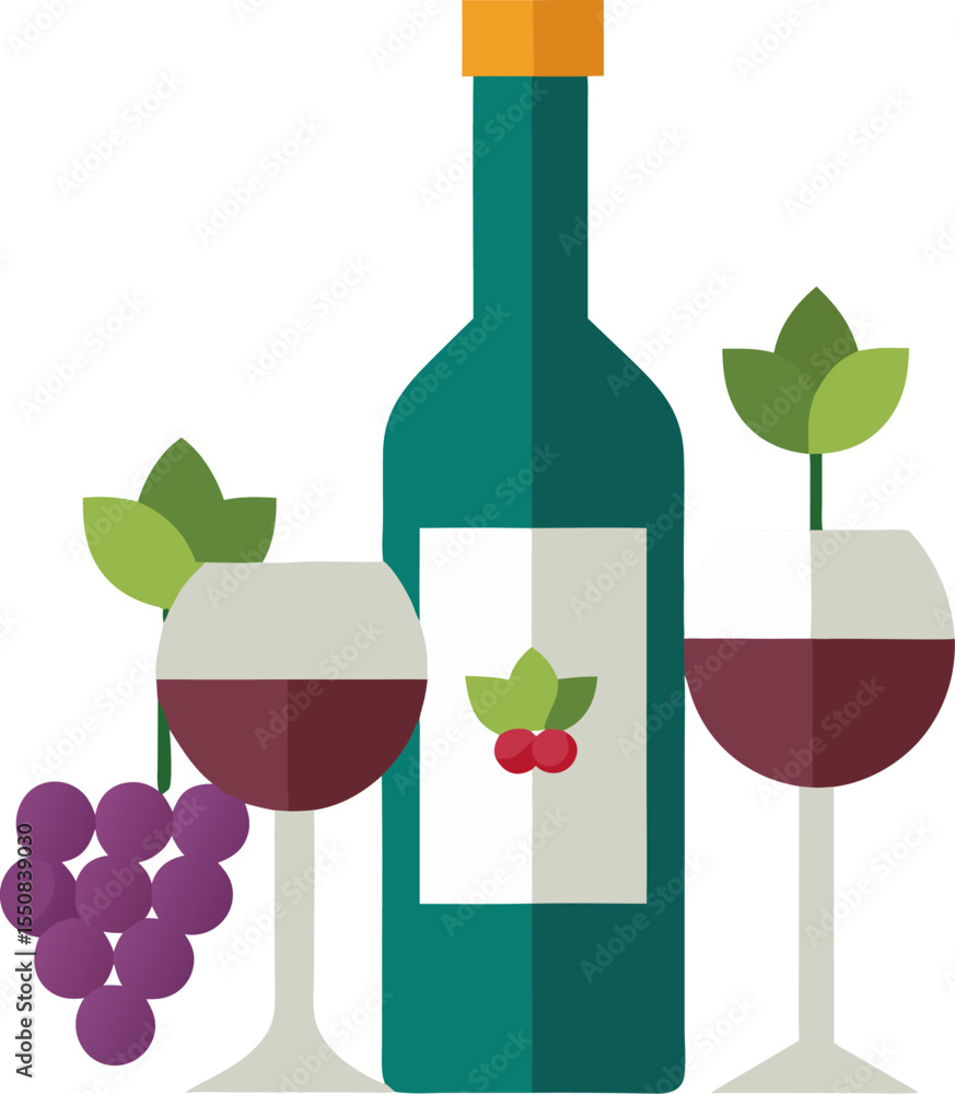 Poster minimalist flat vector of a wine bottle and two glasses with grapes cluster with white background .