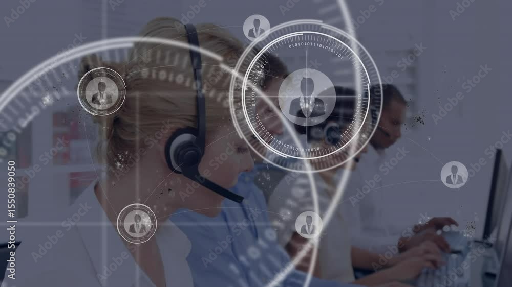 Aufkleber call center agents typing at keyboards causing profile icon emerging and forming rotating network