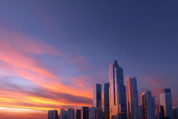 Fototapeta premium Cityscape with skyscrapers reflecting colorful sunset sky