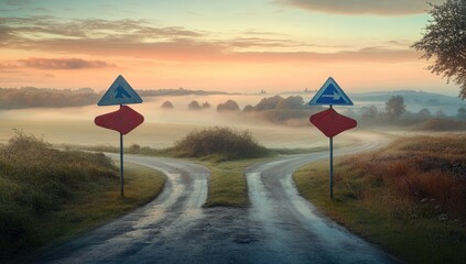 A misty sunrise over a country road fork