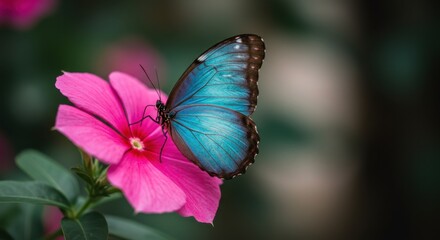 Fototapeta premium A Stunning Blue Morpho Butterfly on a Pink Flower