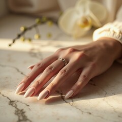 Elegant Woman's Hand with Beige Manicure and Delicate Ring