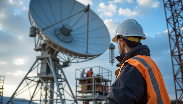 Telecomunications engineer standing in front of a telecomunications satallite dish
