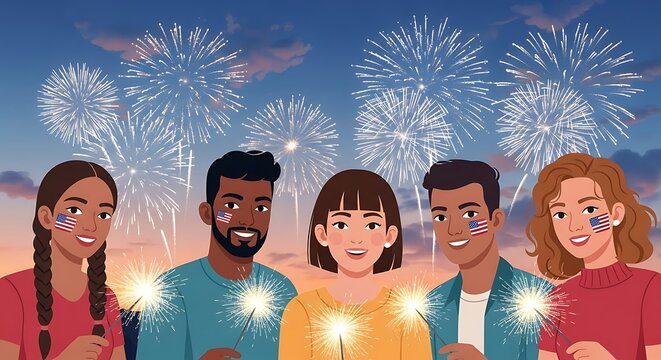 Festive 4th of July Celebration with Diverse Group and Sparkling Fireworks Display