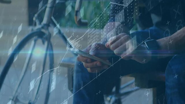 Man sitting on urban bench near bicycle, lifting smartphone and swiping, animating tech data charts