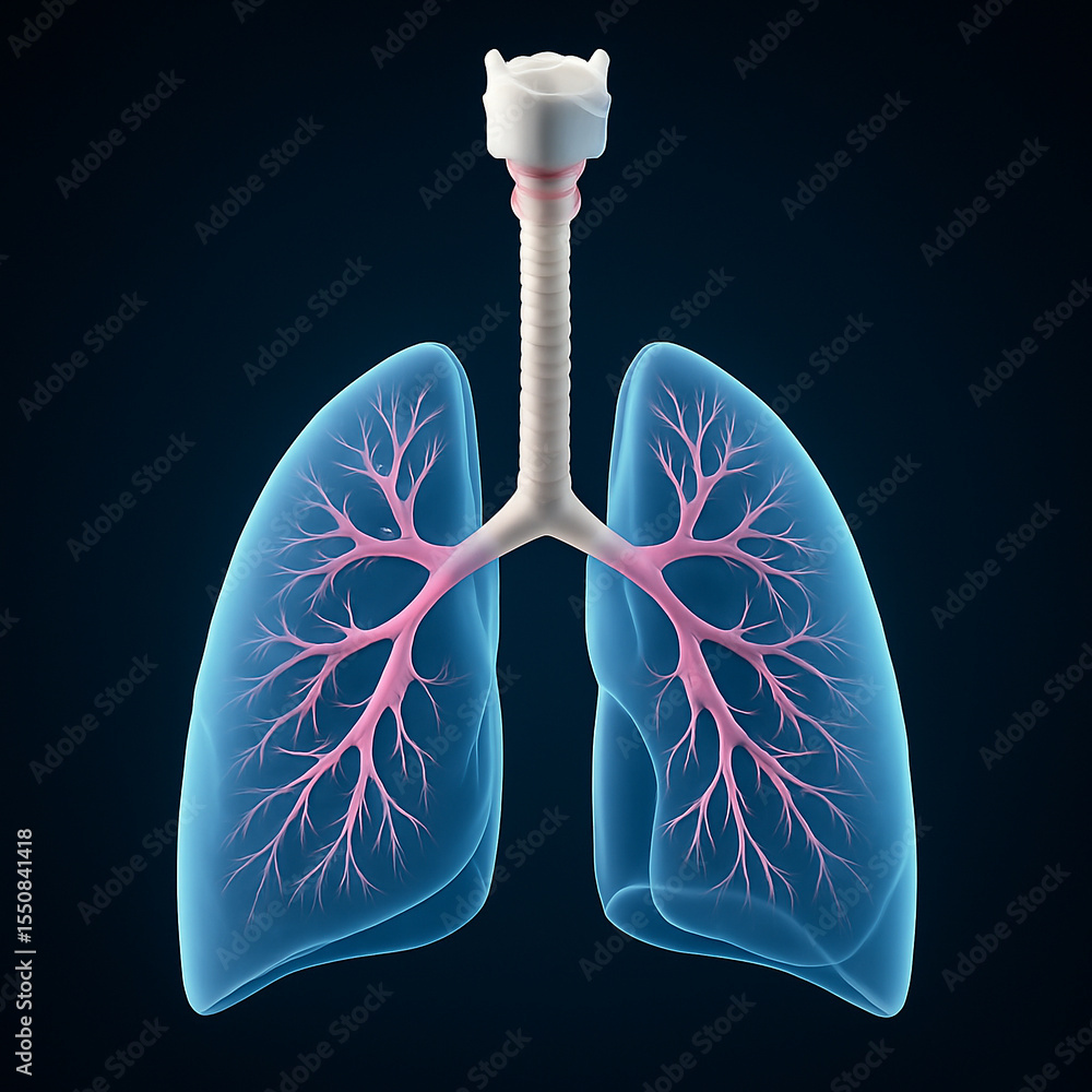 Poster ai generated 3d medical rendering of human lungs and trachea in a transparent frontal view highlight