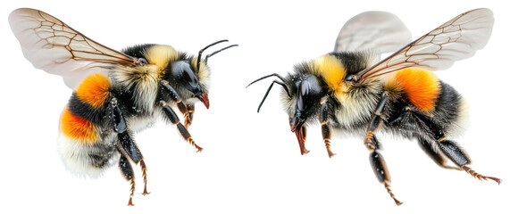 PNG Two vibrant bumblebees in flight, element set on transparent background