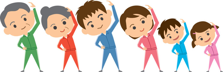 準備運動をしている三世代家族のイメージイラスト