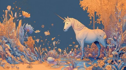 A unicorn stands in a flower-filled glade.