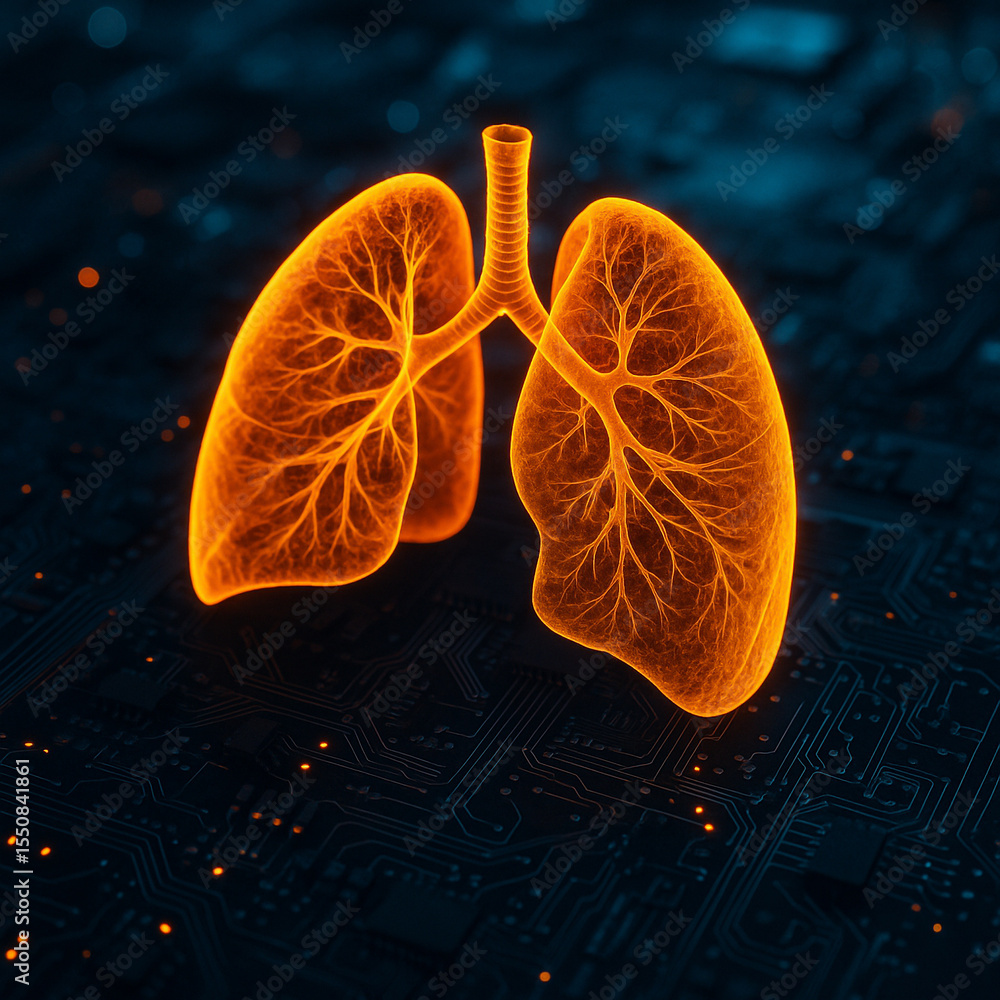 Poster ai generated glowing neon orange lungs hovering above a digital circuit board representing futuristi