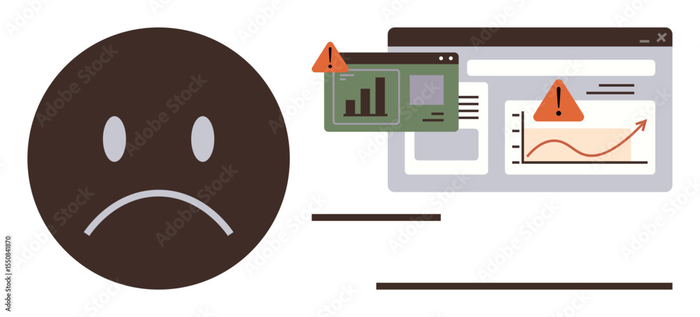 Poster sad face symbol beside a web analytics interface with red alert warnings. ideal for failure, analyti