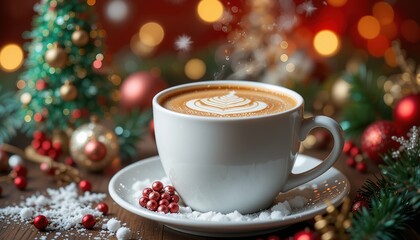 Fototapeta premium Sparkling Christmas Coffee and Glittery Tree for Holiday Cheer