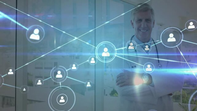 Doctor watching network expanding when glowing icon triggers nodes illustrating health connectivity