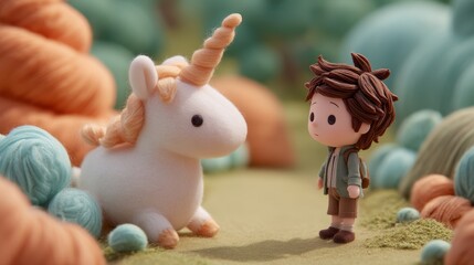 A boy and a unicorn figurine in a whimsical scene.
