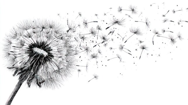 A grayscale dandelion seed head with seeds dispersing
