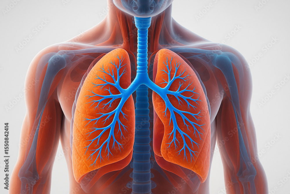 Poster ai generated realistic 3d anatomy of human lungs and trachea showing translucent chest structure wit