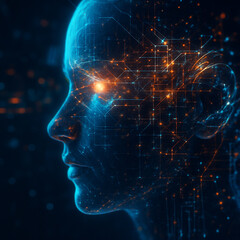 Fototapeta premium AI generated image of a translucent human profile illuminated with blue and orange neural lines portraying the fusion of consciousness and advanced data systems in a cybernetic environment