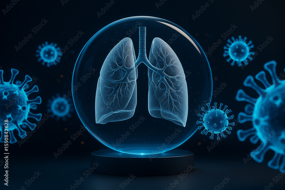 Poster ai generated digital rendering shows human lungs inside a transparent sphere surrounded by virus par