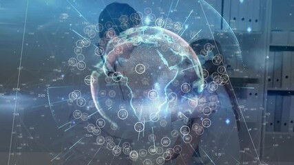 Doctor picking up child and causing 3D globe materializing icons showing global health network - Powered by Adobe