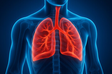 AI generated high detail medical render of glowing human lungs trachea and ribcage in a translucent sci fi style anatomy scan with vibrant red and blue contrast