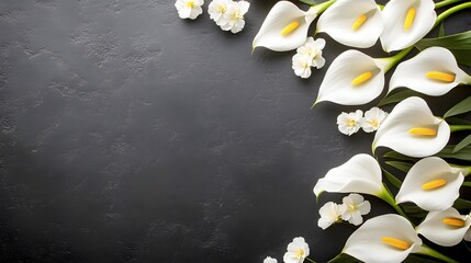 Elegant White Calla Lilies and Flowers on Dark Background