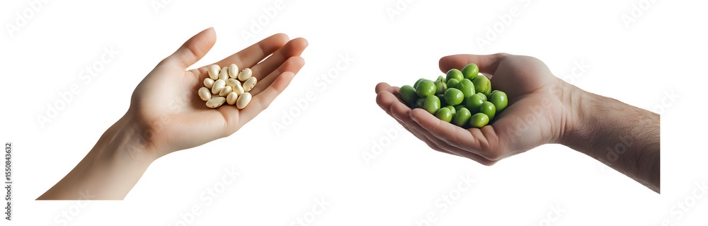 Poster hands holding different types of small, round objects. isolated on transparent background