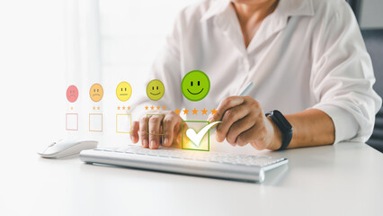 Customer service evaluation concept. Client feedback from marketing survey excellent service and quality satisfaction, customers can evaluate quality of service leading to business reputation rating.