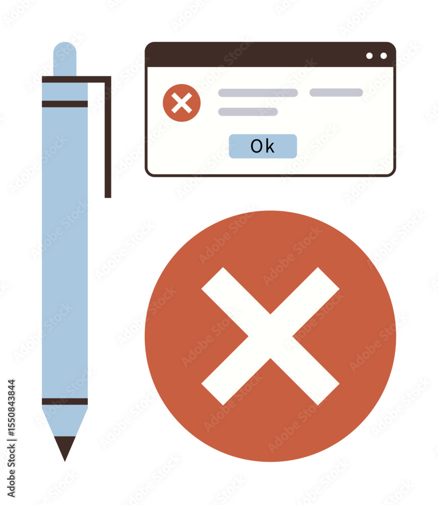 Poster error message popup with red cross, confirmation ok button, and blue pen for editing. ideal for comm