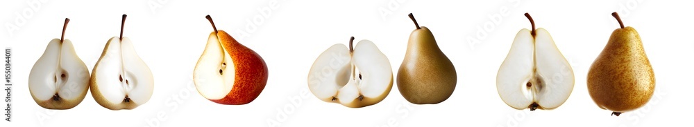 Poster close-up view of different varieties of halved pears. isolated on transparent background