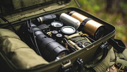 Close-up of an outdoor gear bag filled with various tactical tools and equipment in nature