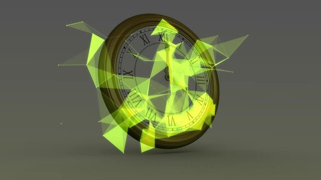 Glowing shards appearing on clock face, expanding, swirling and drifting left to reveal numerals