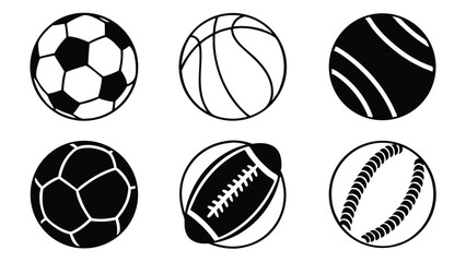 Set of black and white sport balls representing various popular game designs