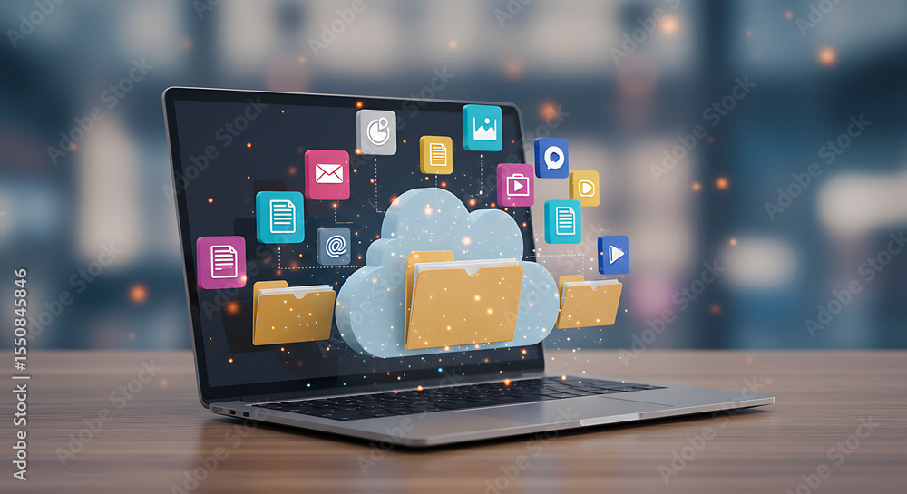 Poster cloud data management: a modern laptop showcases a dynamic 3d cloud and icon array, symbolizing the 
