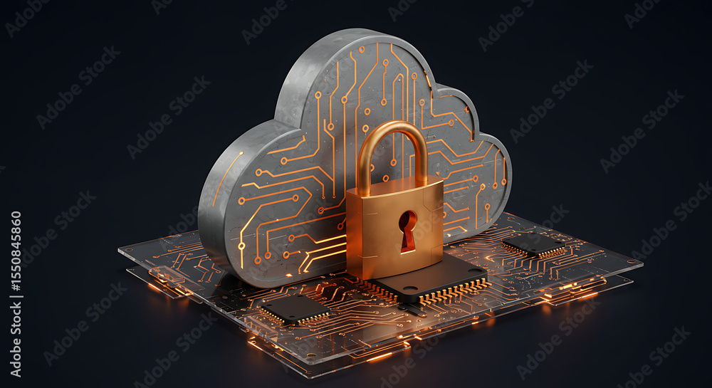 Poster cloud security concept: a symbolic representation of cloud security, showcasing a padlock securing a