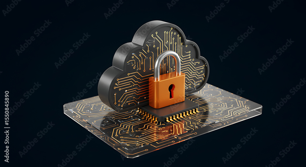 Poster secure cloud: a digital representation of data security, showcasing a secure padlock atop a cloud, s