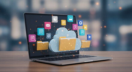 Cloud Data Management: A modern laptop showcases a dynamic 3D cloud and icon array, symbolizing the evolution of digital data storage.