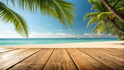 Wooden Planks With Blurred Beach And Ocean In Background