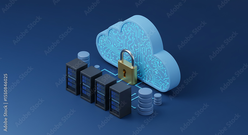 Poster cloud security: a cloud and server protected by a padlock on a dark blue background, symbolizing dat
